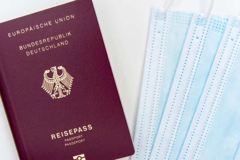 a passport and a face mask sitting next to each other, by Daniel Lieske, pexels, private press, austria, thumbnail, panel, german