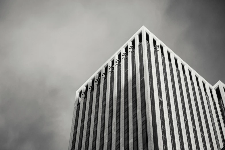 a black and white photo of a tall building, inspired by David Chipperfield, unsplash, finely painted, capital plaza, phoenix, corporate memphis