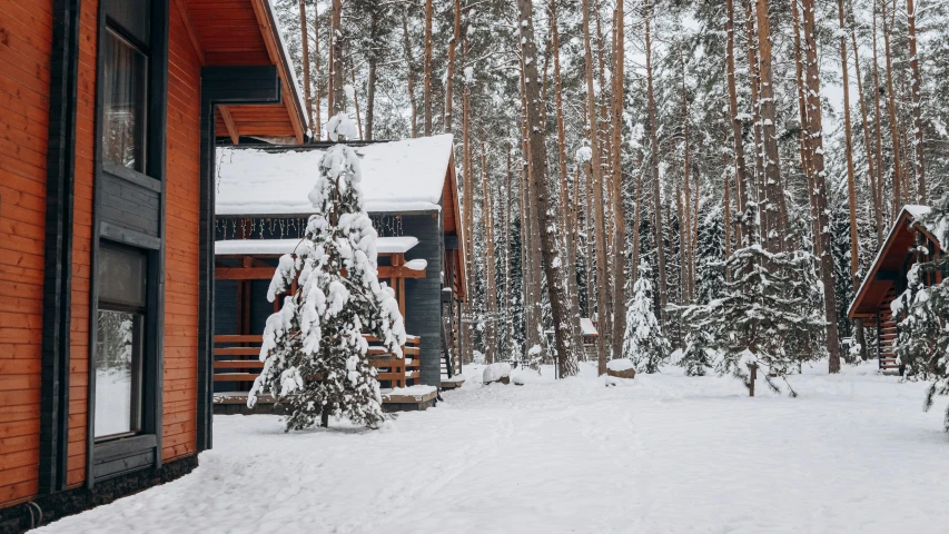 a couple of cabins sitting next to each other in the snow, pexels contest winner, woodland village, thumbnail, grey, 000 — википедия