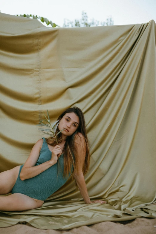 a beautiful young woman laying on top of a blanket, inspired by Elsa Bleda, unsplash contest winner, renaissance, in a gold one piece swimsuit, muted colored bodysuit, next to a plant, fully covered in drapes