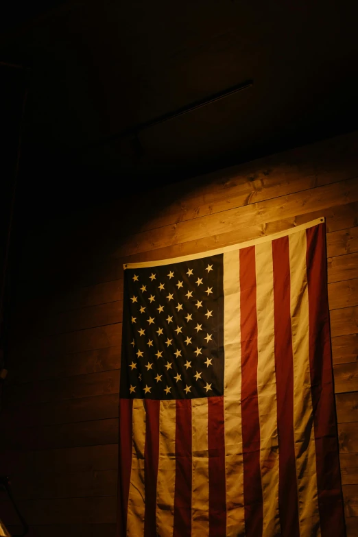an american flag hanging on a wooden wall, a portrait, unsplash, low-light, digital image, american canteen, gold