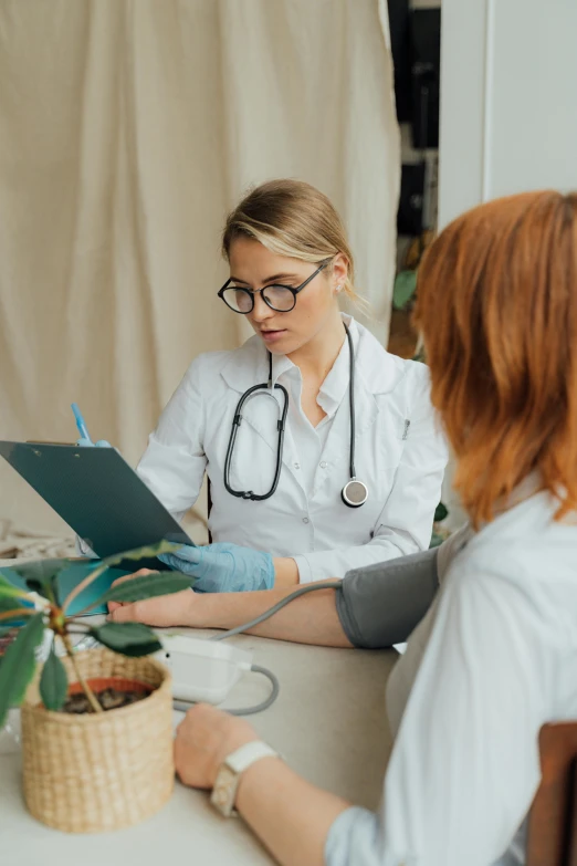 a female doctor examining a plant with a stethoscope, a cartoon, trending on pexels, two women, on a table, gif, professional photo