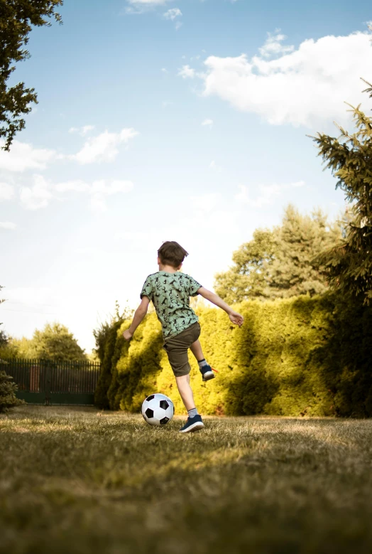 a young boy kicking a soccer ball on a field, by Sebastian Spreng, pexels contest winner, in the garden, 15081959 21121991 01012000 4k, sunny sky, al fresco