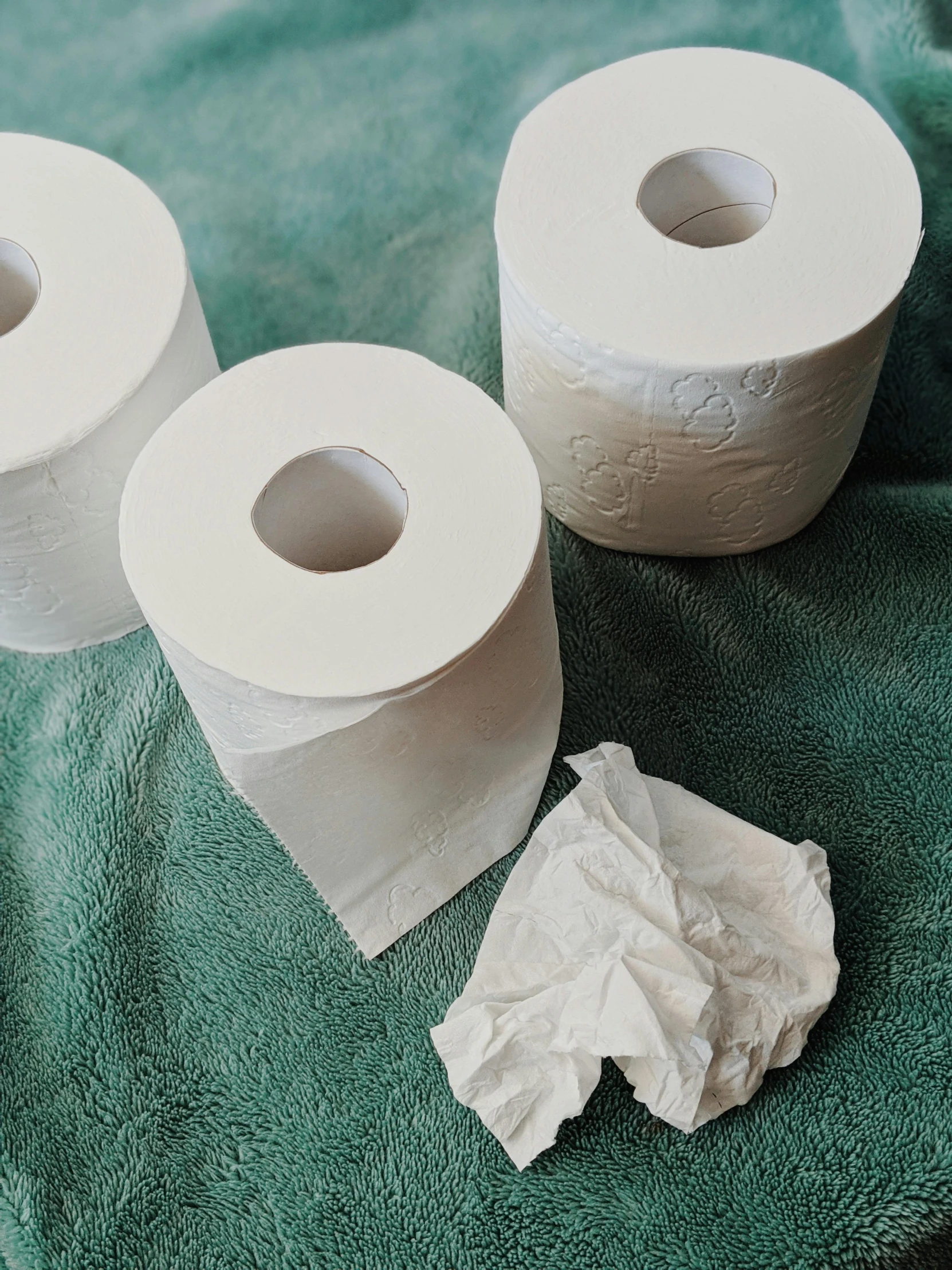 three rolls of toilet paper sitting on top of a green towel, by Anna Haifisch, different shapes and sizes, cysts, white paper, multiple stories