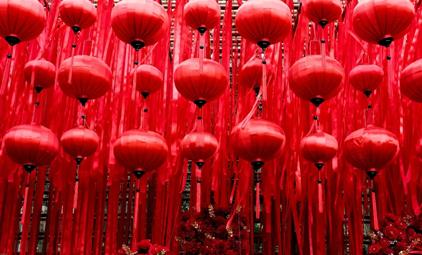 a bunch of red lanterns hanging from the ceiling, inspired by Wang Yi, pexels contest winner, ribbons, 🦩🪐🐞👩🏻🦳, silk tarps hanging, with a brilliant