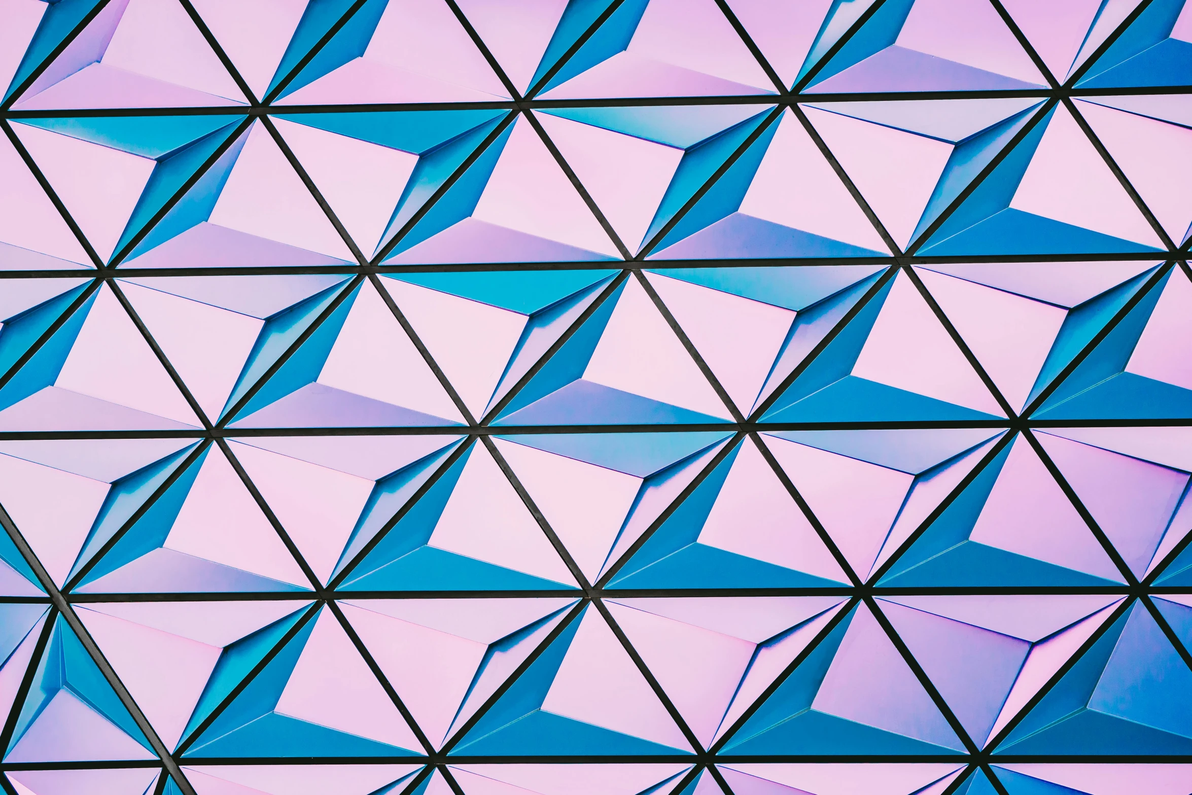 a close up of a building with a sky background, a mosaic, inspired by Buckminster Fuller, trending on unsplash, geometric abstract art, mauve and cyan, flat triangles, decorative panels, reflective gradient