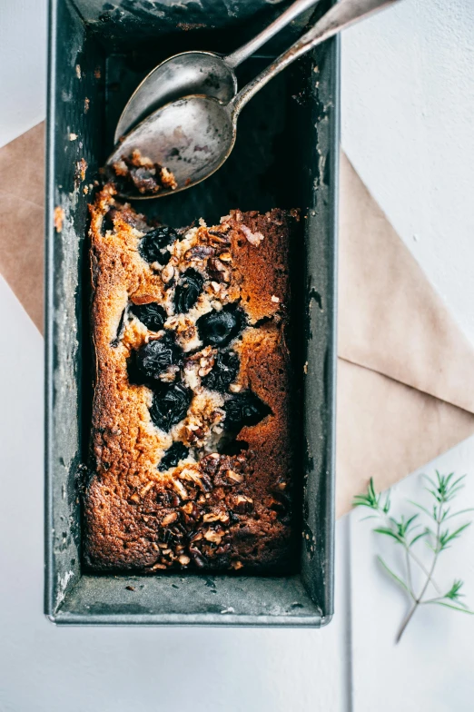 a loaf of cake in a pan with a spoon, by Lucia Peka, trending on unsplash, with black vines, nut, high textured, thumbnail