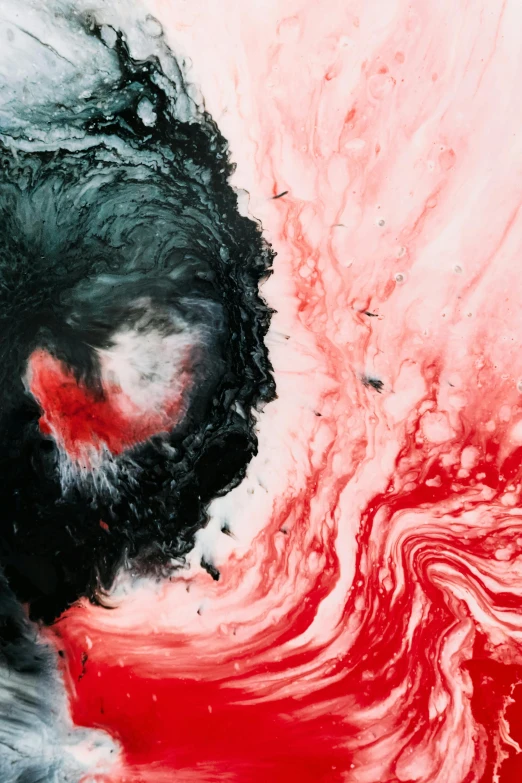 a black and white painting with red paint on it, an album cover, inspired by Shōzō Shimamoto, pexels contest winner, ferrofluid oceans, blood on his face, color interference, 2019 trending photo