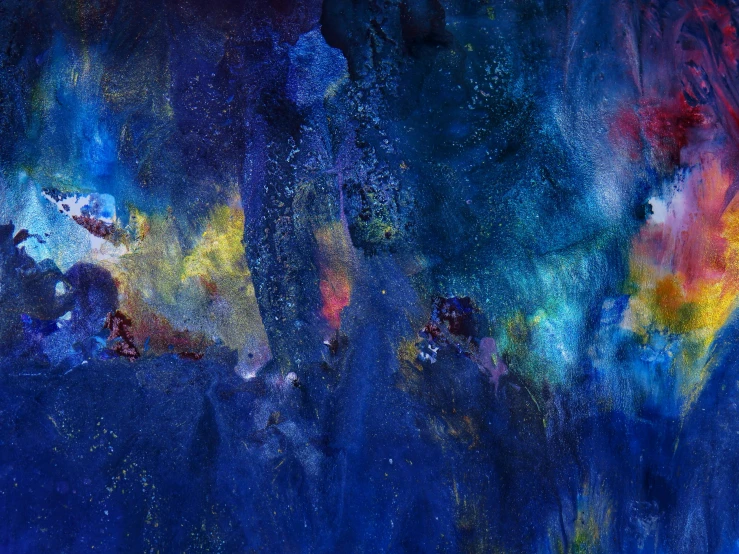 an abstract painting with blue and yellow colors, inspired by Odilon Redon, trending on pexels, abstract expressionism, starry, indigo rainbow, a dark underwater scene, blue and violet