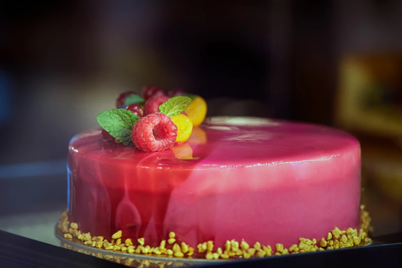 a close up of a cake on a plate, pexels, raspberry banana color, mirror and glass surfaces, - photorealistic, thumbnail