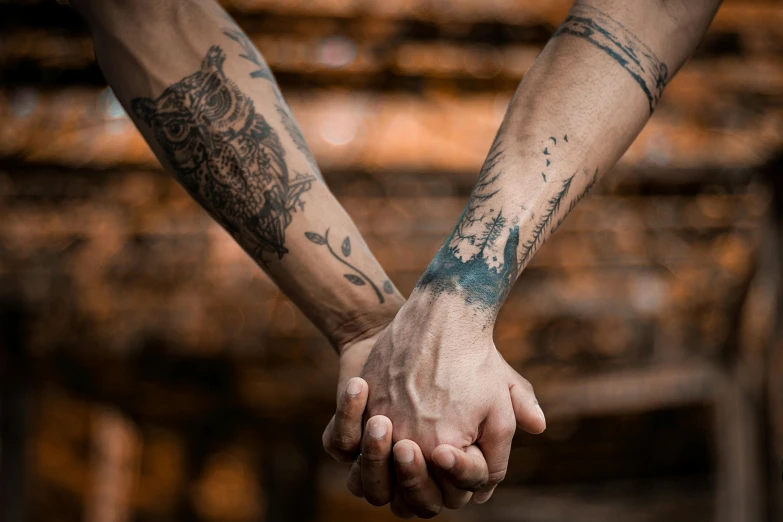 a close up of two people holding hands, a tattoo, trending on pexels, gay, hand - tinted, covered in, arms out