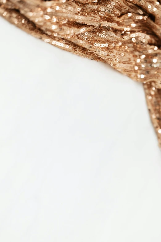 a close up of a scarf on a white surface, by Nina Hamnett, glitter background, rose gold, bottom body close up, detaling