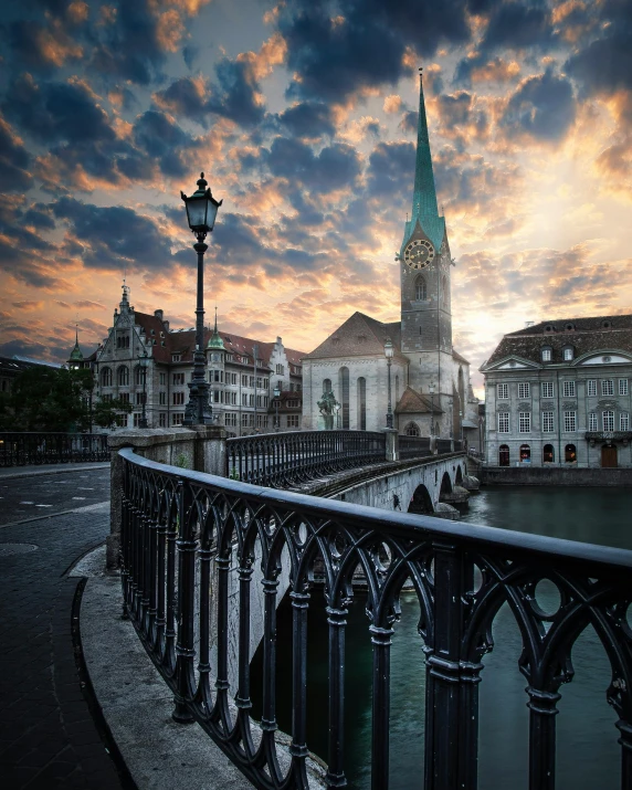 a bridge over a river with a clock tower in the background, by Karl Stauffer-Bern, shutterstock contest winner, photo of zurich, tall stone spires, 8k render”, 9gag