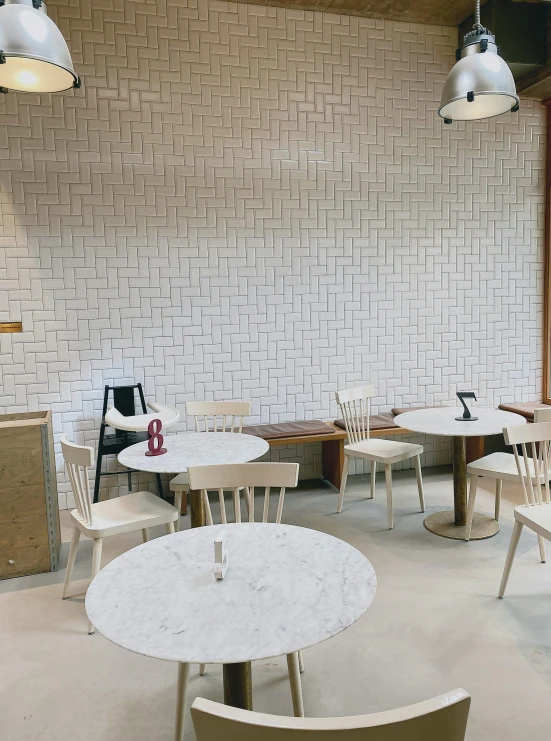 a bunch of tables and chairs in a room, by Jang Seung-eop, inside a frame on a tiled wall, coffee, thumbnail, vanilla