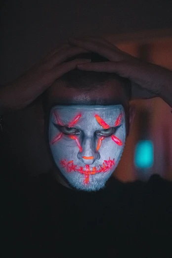 a close up of a person with a face painted, reddit, holography, evil glow, evil devious male, profile image, scary pose