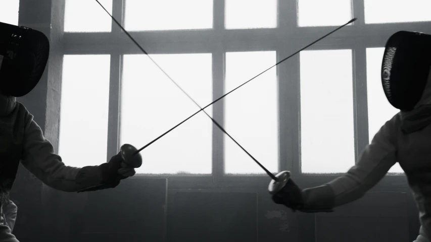 two fencers facing each other in front of a window, a black and white photo, by Adam Marczyński, unsplash, cables on walls, hands, promo image, multiple floating swords