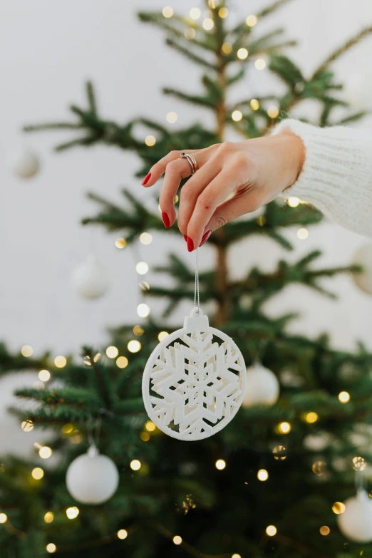 a woman holding a snowflake ornament in front of a christmas tree, soft white rubber, white marble, with detailed, organic ornament