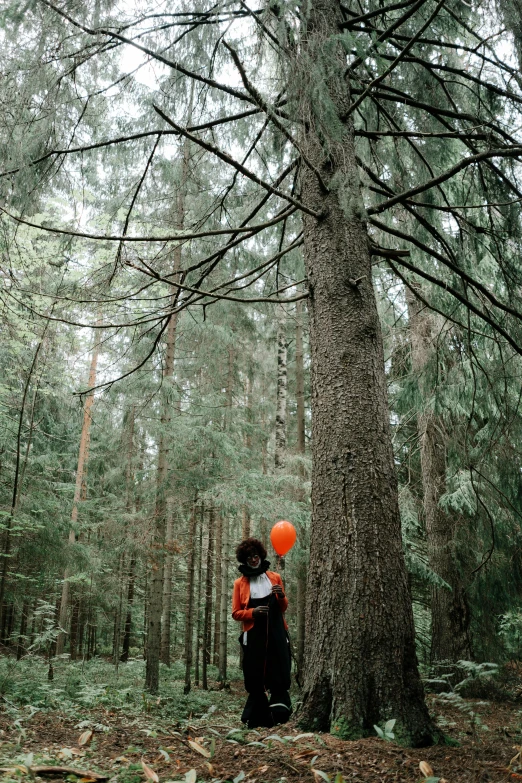 a person standing next to a tree in a forest, holding a balloon, low quality photo, black and orange, swedish forest