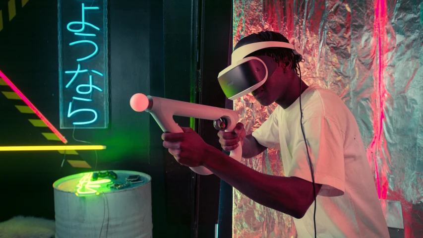 a man in a white shirt playing a video game, inspired by David LaChapelle, unsplash, afrofuturism, with neon visor, first person gun, closed limbo room, 3d game object