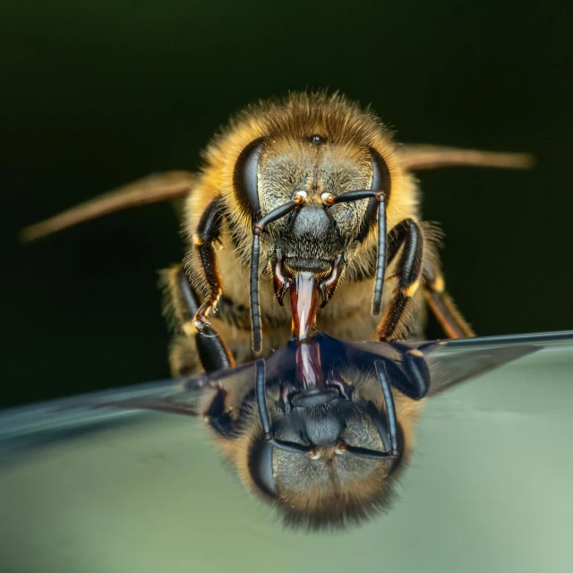 a close up of a bee with its mouth open, by Matthias Weischer, pexels contest winner, hyperrealism, sitting on a reflective pool, drinking, paul barson, wet reflections in square eyes