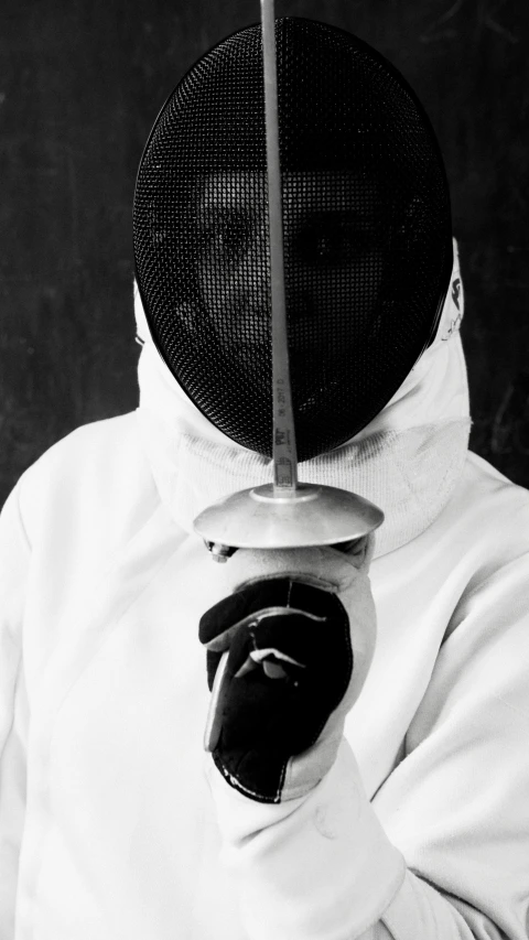 a black and white photo of a fencer holding a sword, unsplash, purism, portrait of daft punk, 15081959 21121991 01012000 4k, wearing white silk hood, maintenance