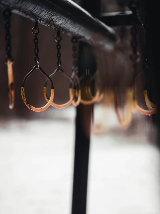 a bunch of rings hanging from a metal pole, by Jan Tengnagel, unsplash, hurufiyya, female blacksmith, sparse detail, arches, close-up product photo