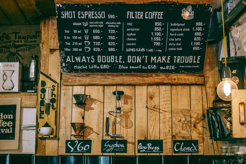 a menu on the wall of a coffee shop, by Julia Pishtar, pexels, process art, a wooden, dark angel of coffee, 1 6 x 1 6, coffee cups