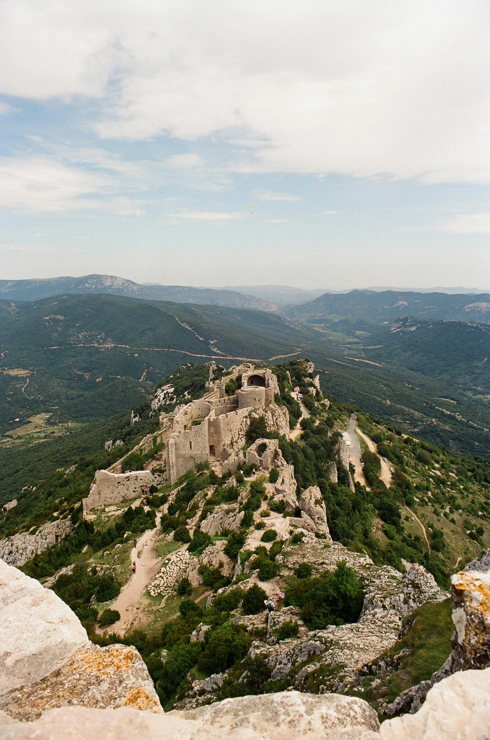 a view of the mountains from the top of a mountain, les nabis, destroyed castle, shot on a 2 0 0 3 camera, gigapixel photo, monserrat gudiol