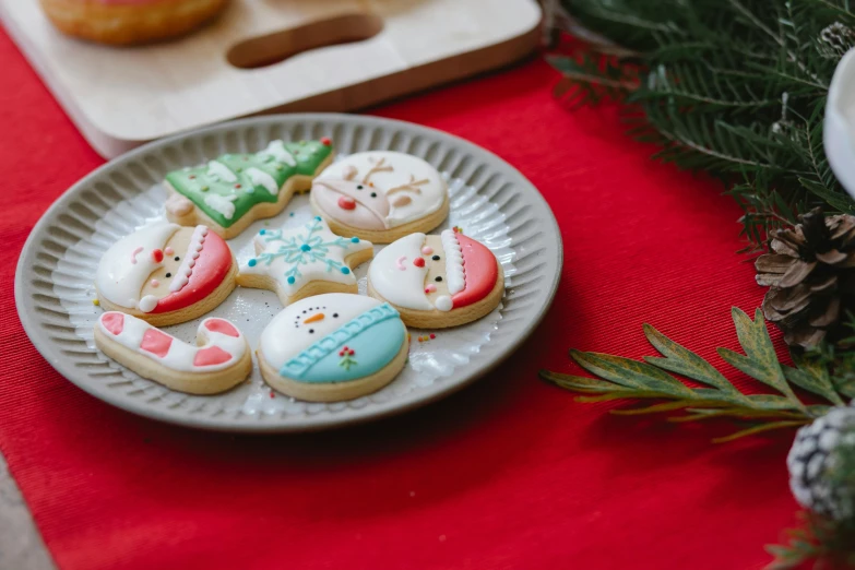 a plate that has some cookies on it, by Emma Andijewska, pexels, folk art, background image, christmas, head to waist, super cute