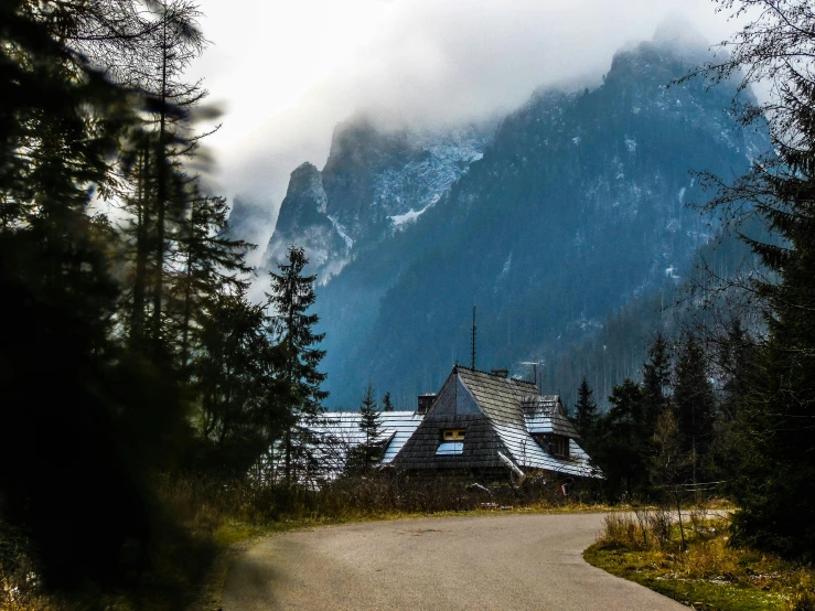 a house in the middle of a forest with a mountain in the background, pexels contest winner, snowy italian road, fan favorite, grey cloudy skies, chalet