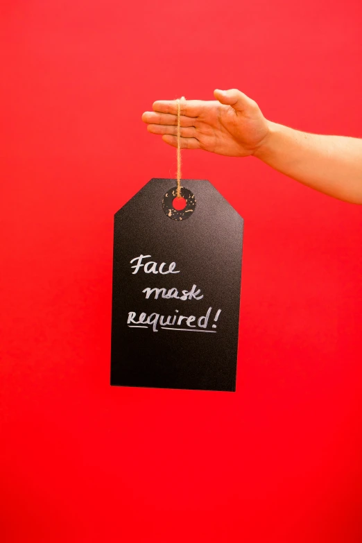 a person holding a tag that says face mask required, by Julia Pishtar, featured on instagram, festive, cardboard cutout, black and red only, face detail