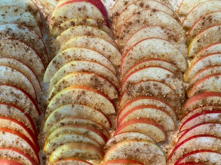 a tray of sliced apples with cinnamon sprinkled on top, by Carey Morris, pexels, shiny layered geological strata, streamlined spines, view from bottom to top, multicoloured