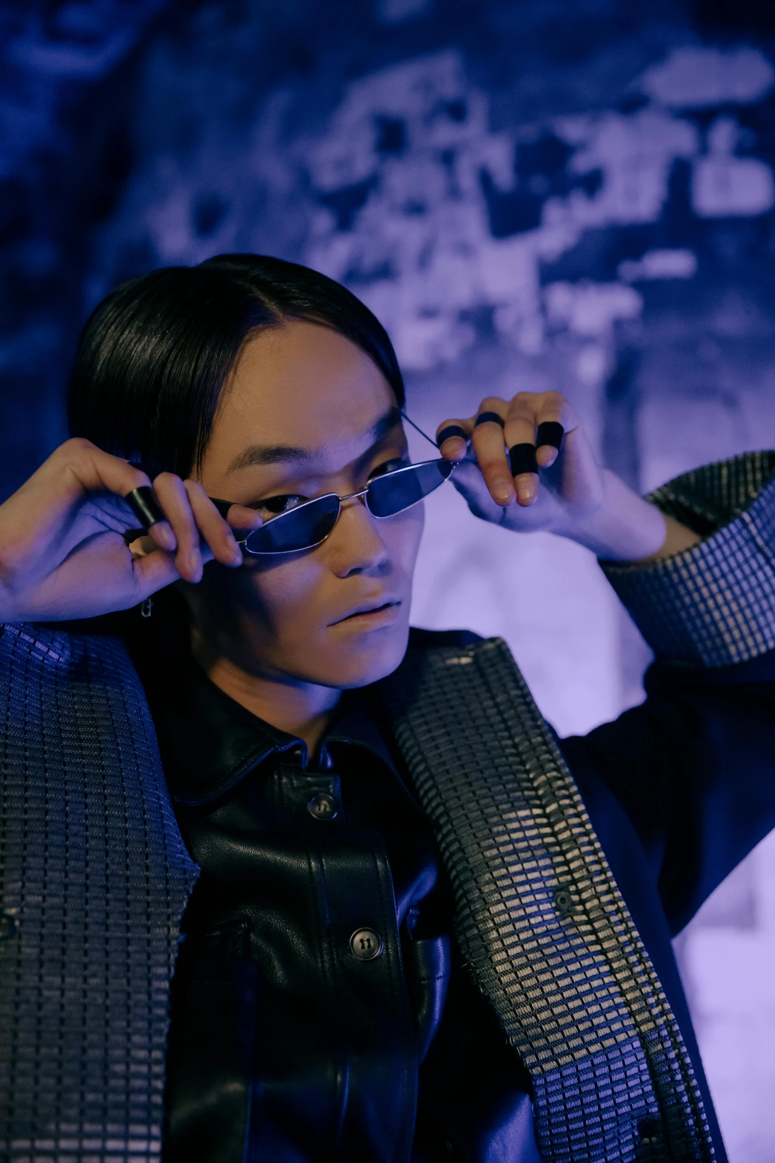 a close up of a person wearing sunglasses, inspired by Zhu Da, visual art, wearing futuristic clothing, krystal, battle pose, shot with sony alpha