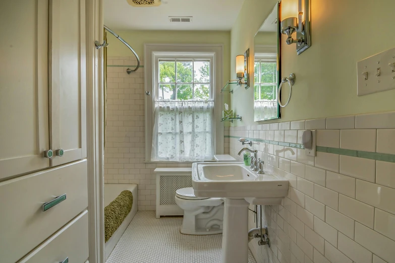 a bath room with a toilet a sink and a bath tub, inspired by William Home Lizars, arts and crafts movement, fan favorite, natural light outside, soft green natural light, thumbnail