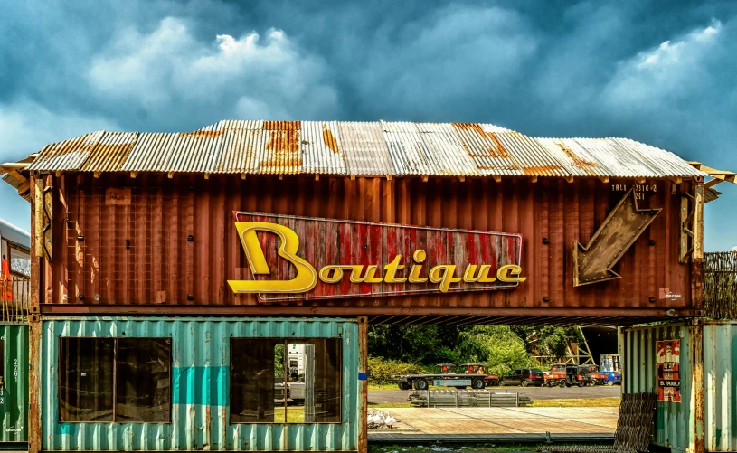 a building that has a sign on it, by Gavin Nolan, pexels contest winner, baroque, shipping containers, louisiana, rustic setting, in style of ultra realistic