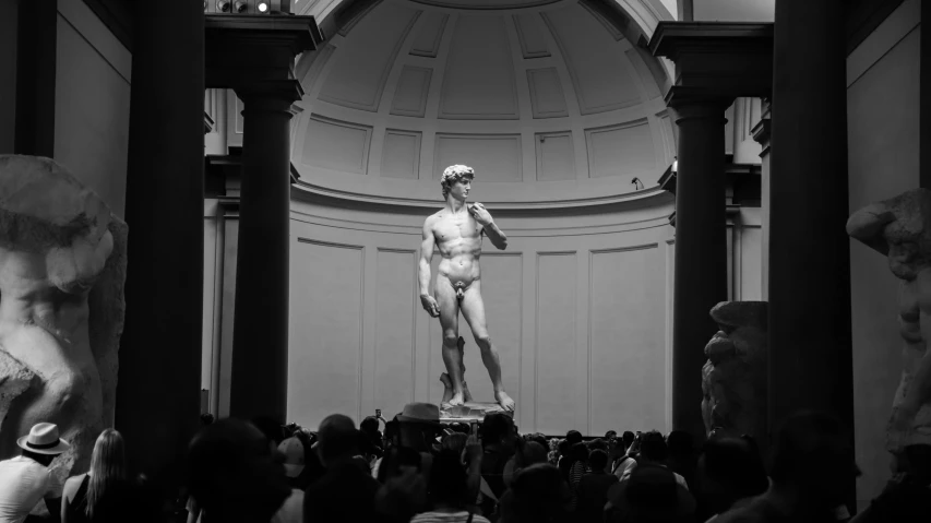 a crowd of people standing around a statue, a statue, inspired by Michaelangelo, pexels contest winner, academic art, statue of david, full body in frame, giant hall, album