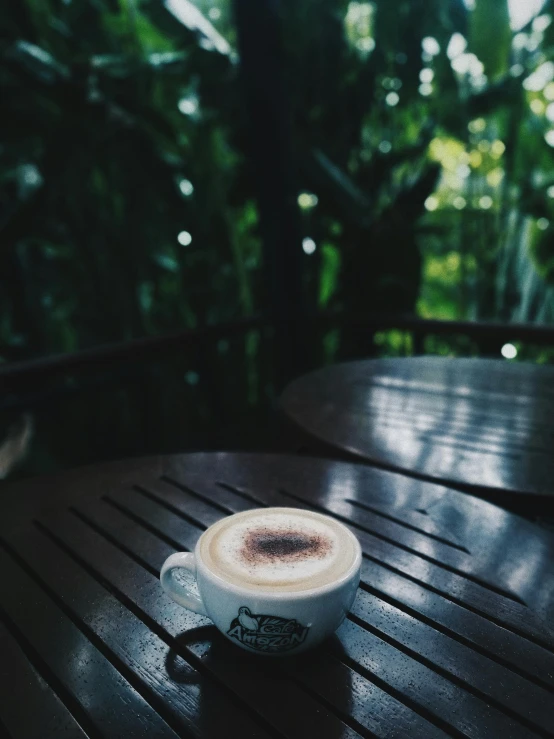 a cup of coffee sitting on top of a wooden table, by Lucia Peka, sumatraism, lush surroundings, low quality photo, multiple stories, full frame image