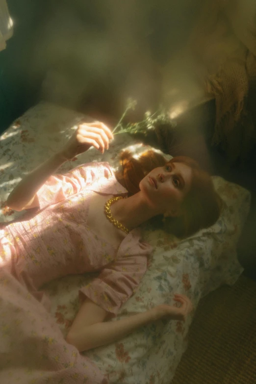 a little girl laying on a bed with a teddy bear, an album cover, inspired by Elsa Bleda, magic realism, sadie sink, miss aniela, ethereal lighting - h 640, lady with glowing flowers dress
