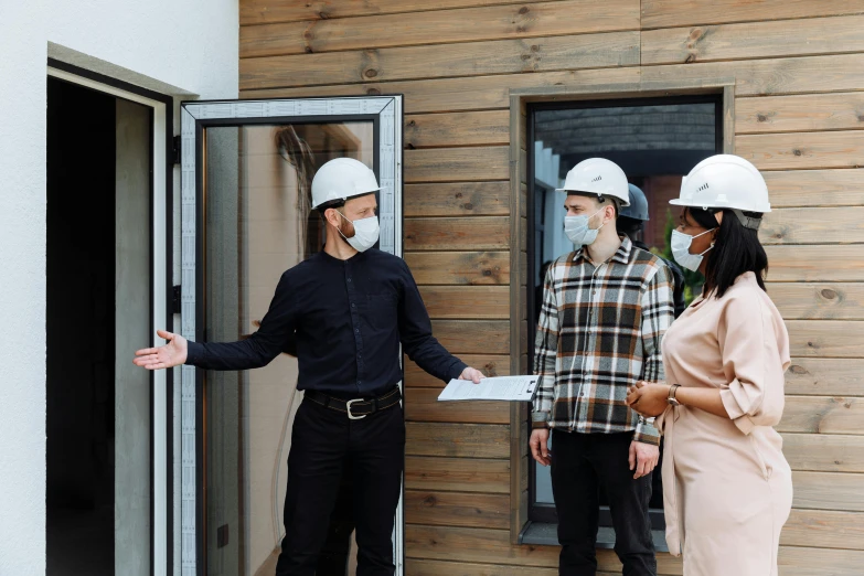 a couple of people that are standing in front of a door, construction site, selling insurance, realistic », masks