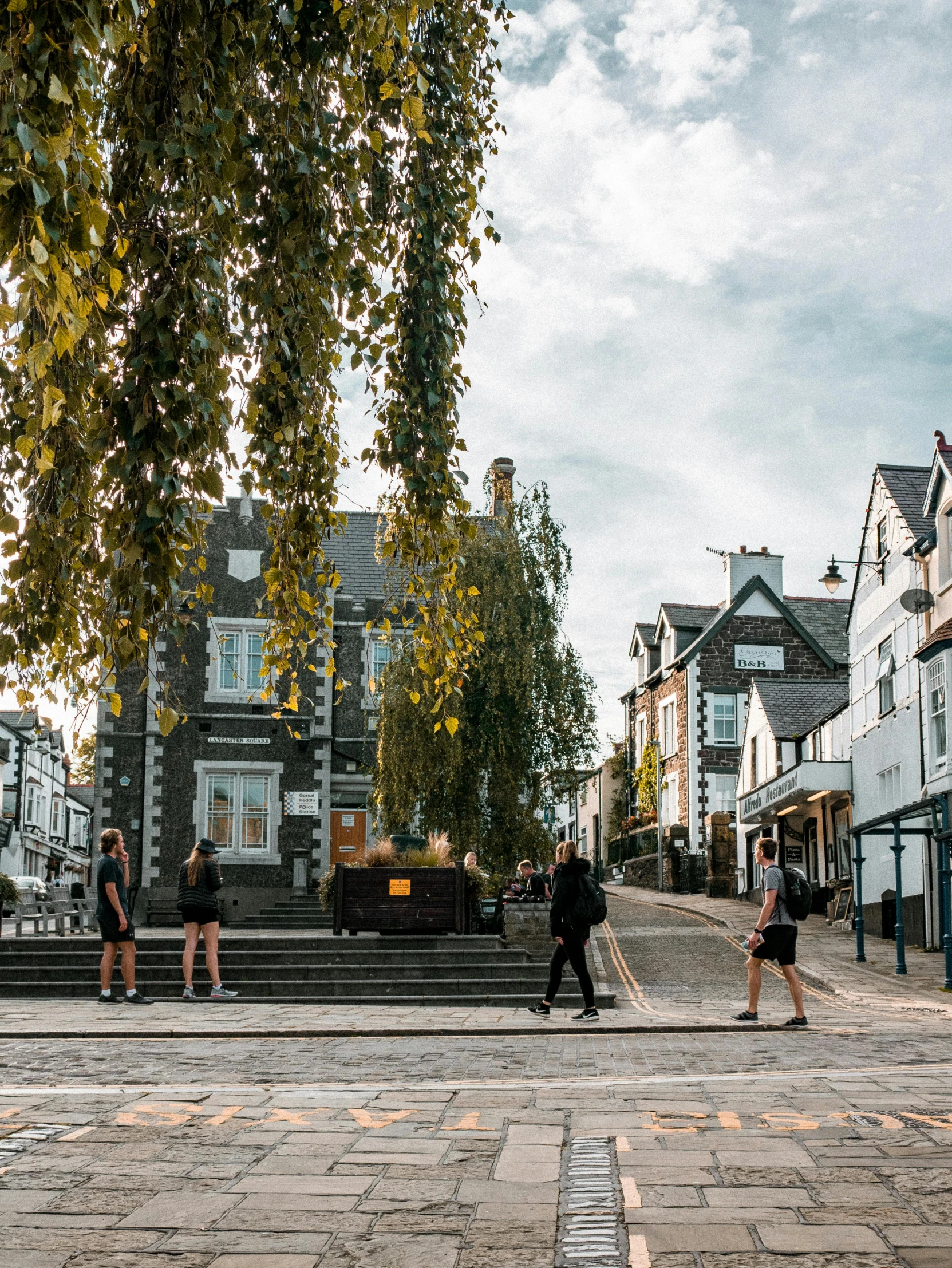 a group of people walking down a cobblestone street, by Helen Stevenson, unsplash, arts and crafts movement, staggered terraces, there is a place in wales, maple trees along street, high resolution photo