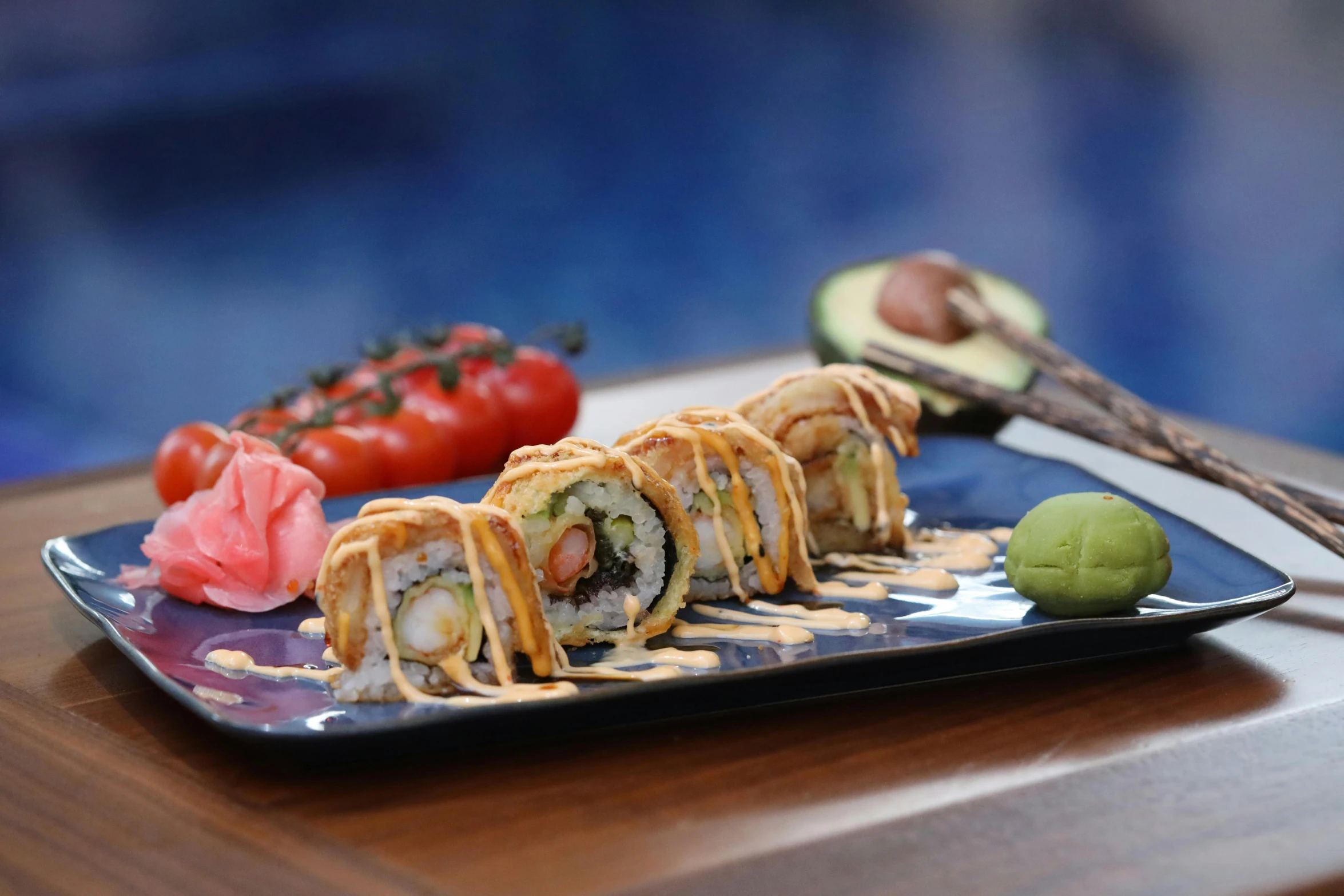 a close up of a plate of food on a table, inspired by Maki Haku, poolside, daily specials, sky blue, thumbnail