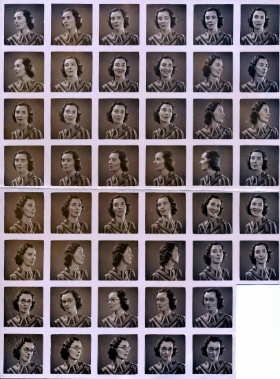a series of black and white photographs of women, a portrait, by Albert Welti, op art, color photograph, circa 1940s, directions and moods. faces only, repeating 3 5 mm photography