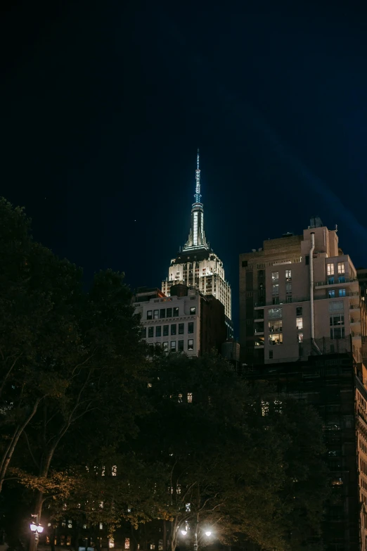 a city street at night with the empire building in the background, the photo was taken from afar, rooftop, lit from below, jc park