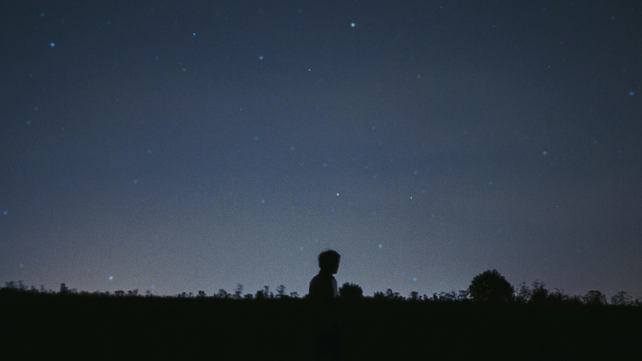 a person standing in the middle of a field under a sky full of stars, an album cover, human staring blankly ahead, light over boy, instagram post, silhouette