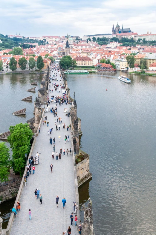 a group of people walking across a bridge over a river, by Adam Marczyński, pexels contest winner, renaissance, panoramic view, high view, prague in the background, 8k resolution”