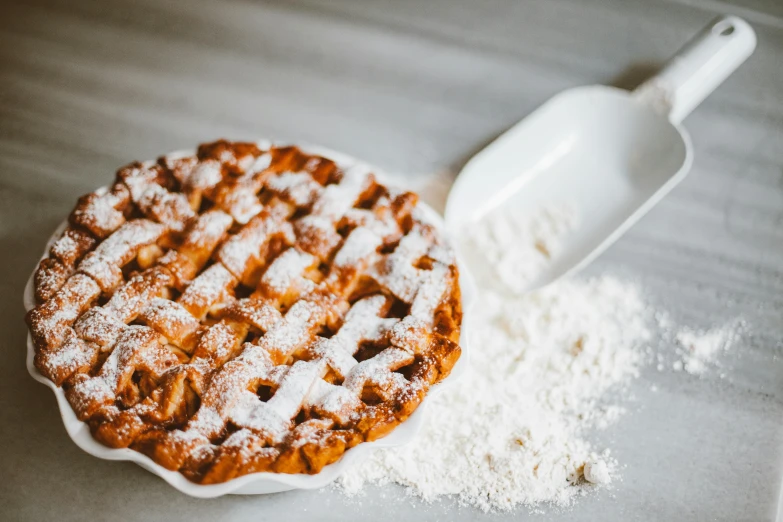 a pie sitting on top of a table covered in powdered sugar, trending on pexels, lattice, te pae, miniature product photo, white