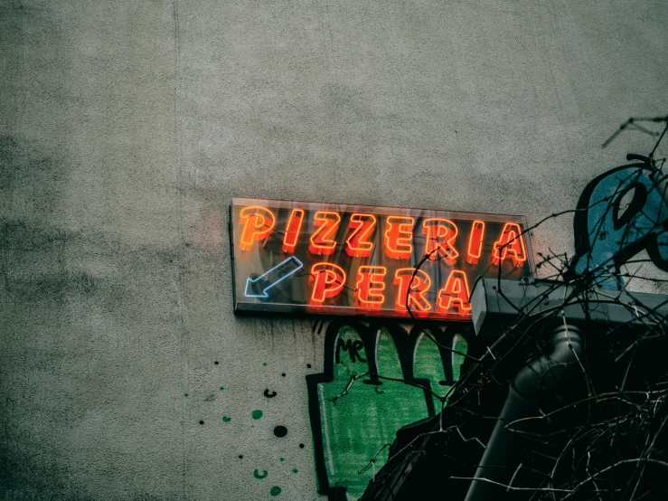 a neon sign on the side of a building, a photo, inspired by Elsa Bleda, pexels contest winner, graffiti, the pizza has a large cornicione, parce sepulto, restaurant menu photo, profile picture 1024px