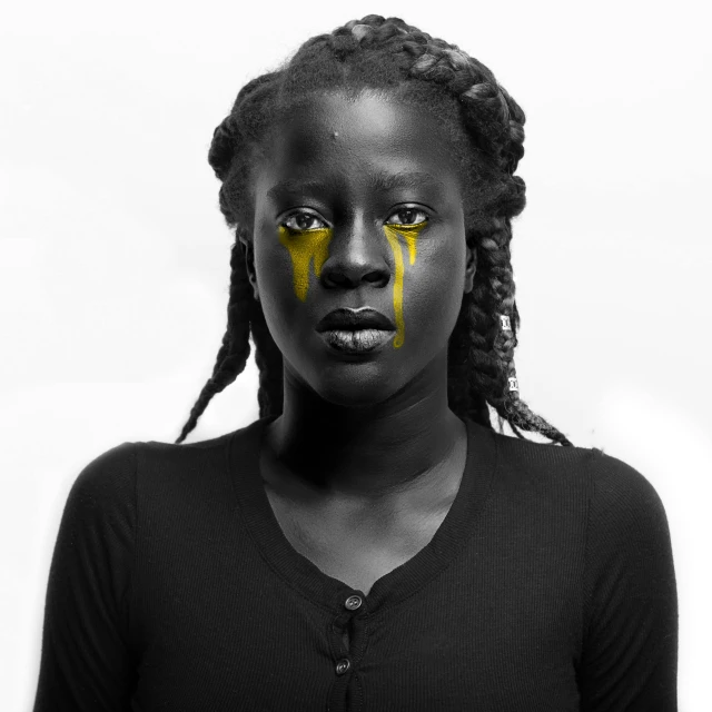 a woman with yellow paint on her face, a black and white photo, by Chinwe Chukwuogo-Roy, pexels contest winner, black arts movement, beautiful crying! android woman, icon, black on white background, black teenage girl