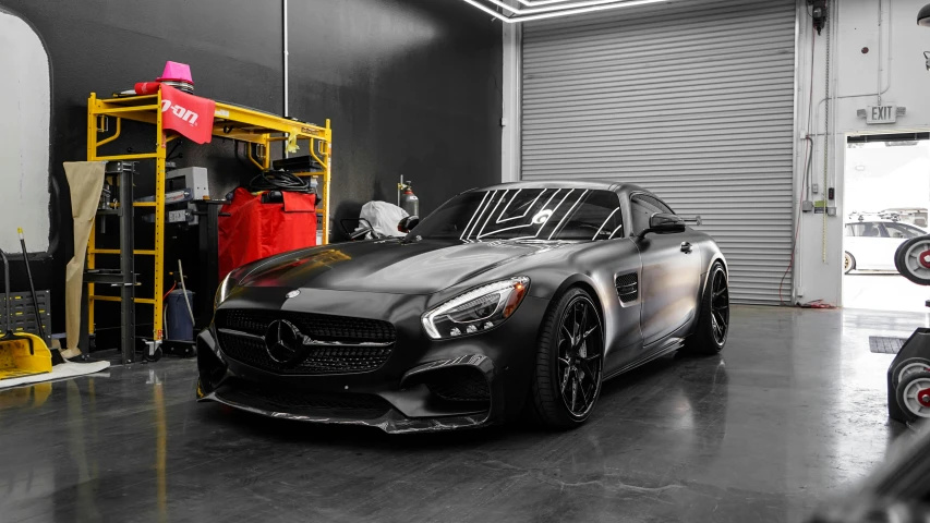 a mercedes sports car parked in a garage, a portrait, featured on zbrush central, photorealism, ✨🕌🌙, samurai vinyl wrap, transparent black windshield, instagram photo