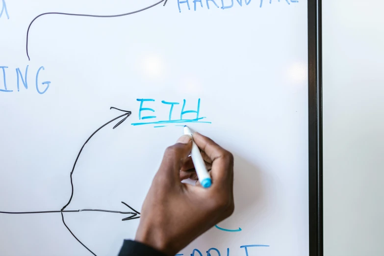 a person writing on a white board with a marker, by Daniel Lieske, trending on unsplash, ethereum, ethiopian, engineering diagram, high angle close up shot